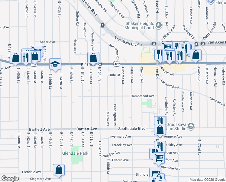 map of restaurants, bars, coffee shops, grocery stores, and more near 3600 Pennington Road in Shaker Heights