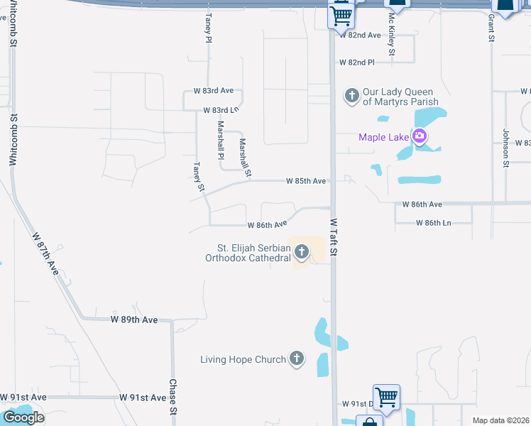 map of restaurants, bars, coffee shops, grocery stores, and more near 8583 Ellsworth Place in Merrillville