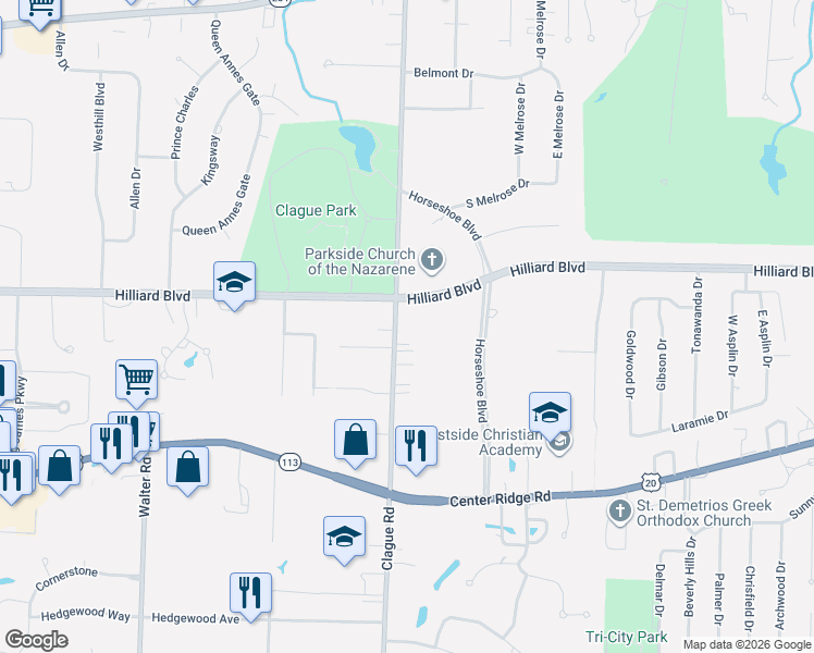 map of restaurants, bars, coffee shops, grocery stores, and more near 1763 Clague Road in Westlake