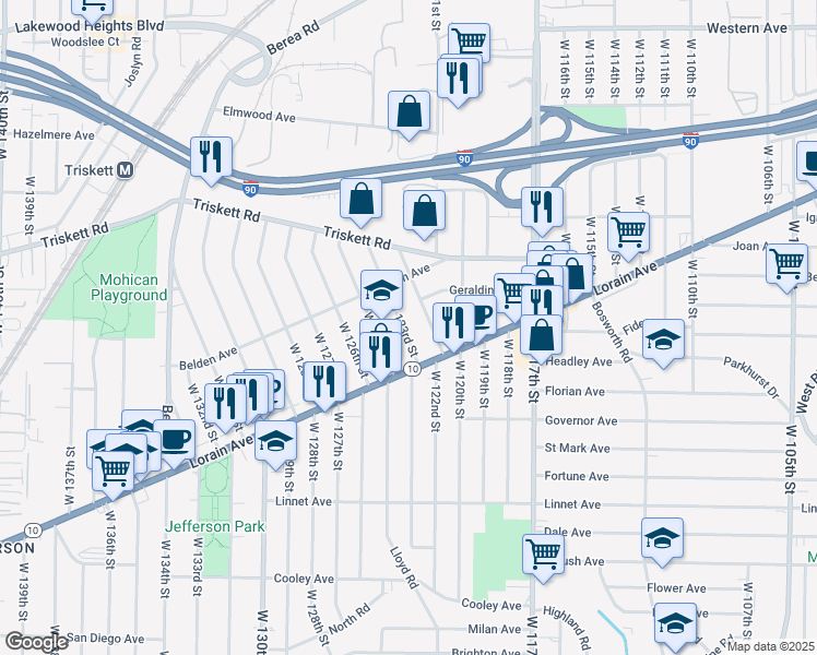 map of restaurants, bars, coffee shops, grocery stores, and more near 3343 West 123rd Street in Cleveland