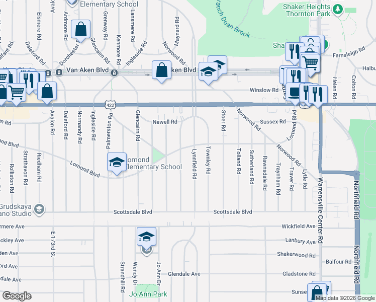 map of restaurants, bars, coffee shops, grocery stores, and more near 18714 Lomond Boulevard in Shaker Heights