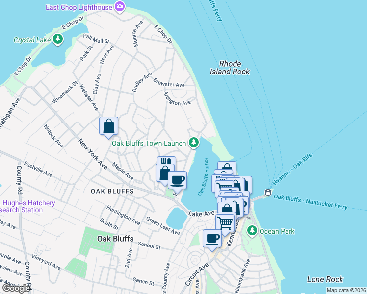 map of restaurants, bars, coffee shops, grocery stores, and more near 209 Massachusetts Avenue in Oak Bluffs