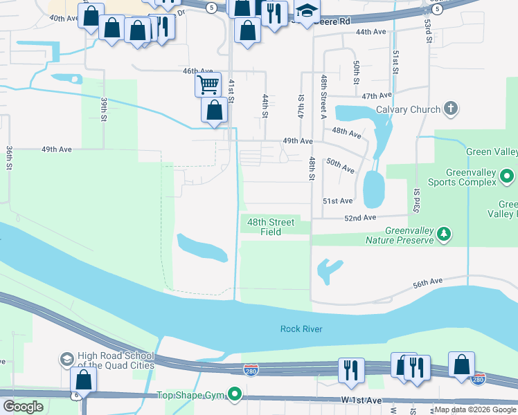 map of restaurants, bars, coffee shops, grocery stores, and more near 4616 51st Avenue in Moline