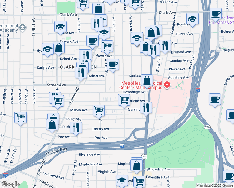 map of restaurants, bars, coffee shops, grocery stores, and more near 3241 Trowbridge Avenue in Cleveland