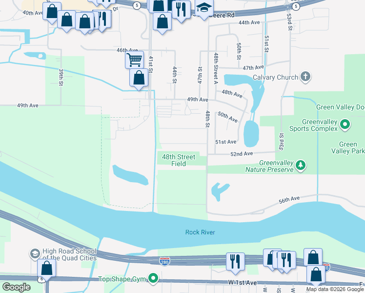 map of restaurants, bars, coffee shops, grocery stores, and more near 4704 51st Avenue in Moline