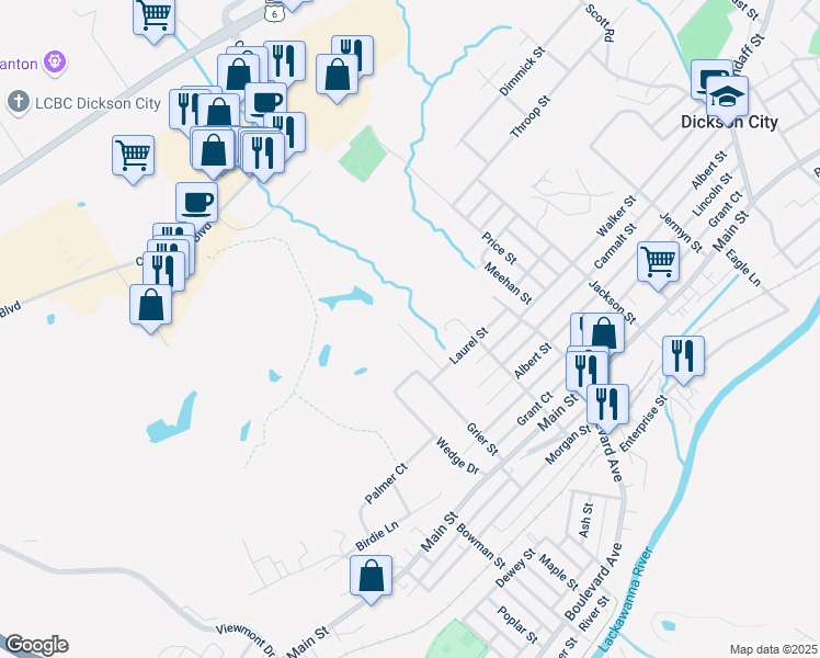 map of restaurants, bars, coffee shops, grocery stores, and more near 814 Laurel Creek Drive in Dickson City