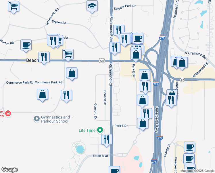 map of restaurants, bars, coffee shops, grocery stores, and more near 3619 Beacon Drive in Beachwood