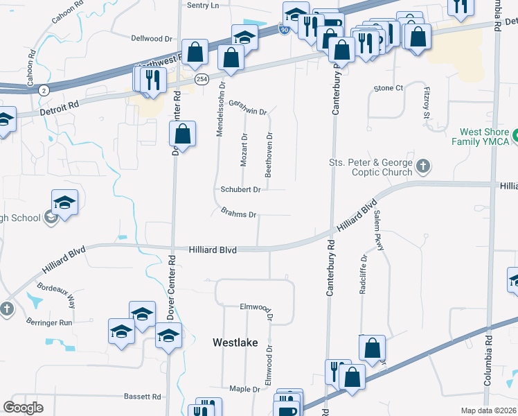 map of restaurants, bars, coffee shops, grocery stores, and more near 26852 Brahms Dr in Westlake