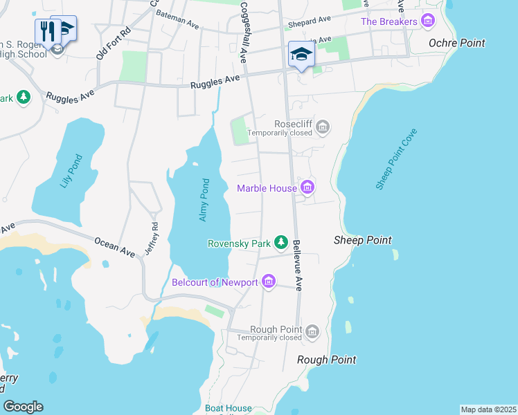 map of restaurants, bars, coffee shops, grocery stores, and more near 167 Coggeshall Avenue in Newport