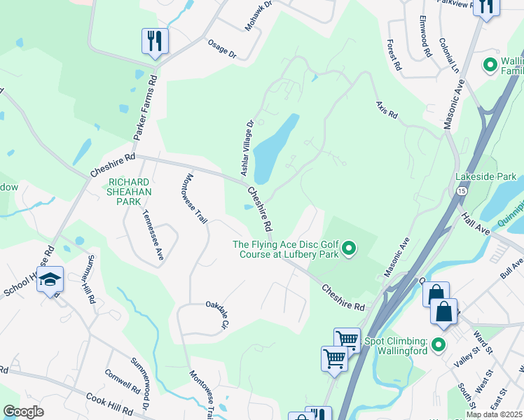 map of restaurants, bars, coffee shops, grocery stores, and more near 69 Cheshire Road in Wallingford