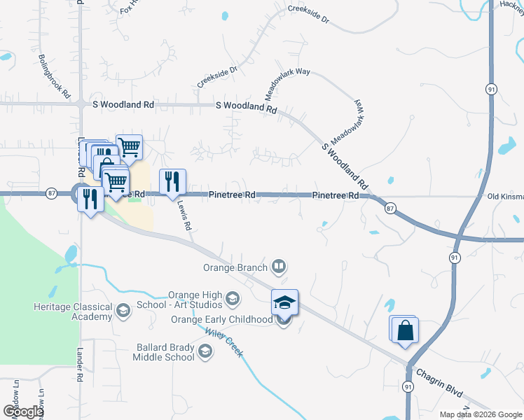 map of restaurants, bars, coffee shops, grocery stores, and more near 31850 Pinetree Road in Cleveland