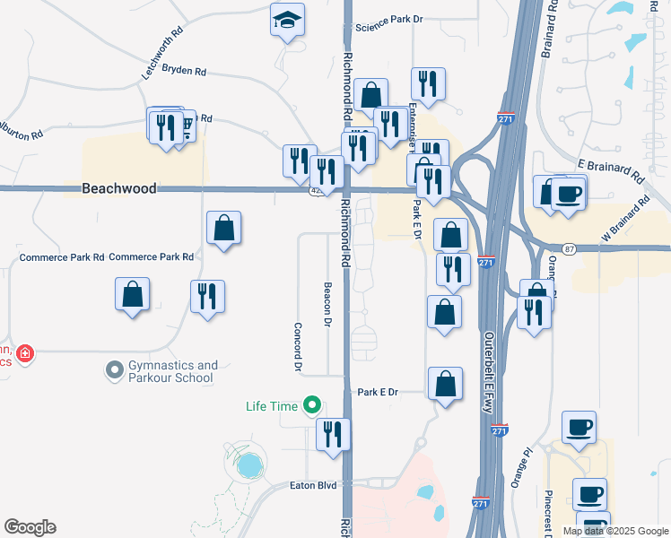 map of restaurants, bars, coffee shops, grocery stores, and more near 3619 Beacon Drive in Beachwood