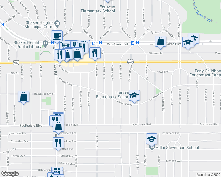 map of restaurants, bars, coffee shops, grocery stores, and more near 3609 Normandy Road in Shaker Heights