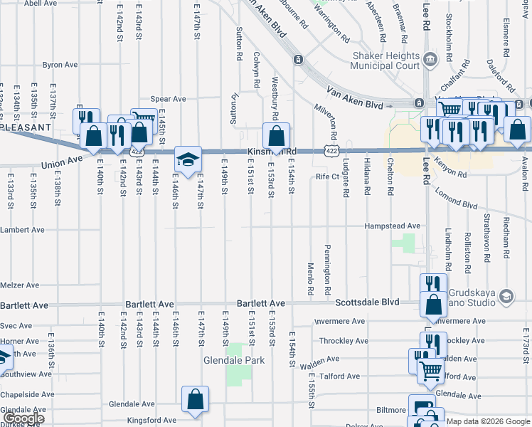 map of restaurants, bars, coffee shops, grocery stores, and more near 3604 East 153rd Street in Cleveland