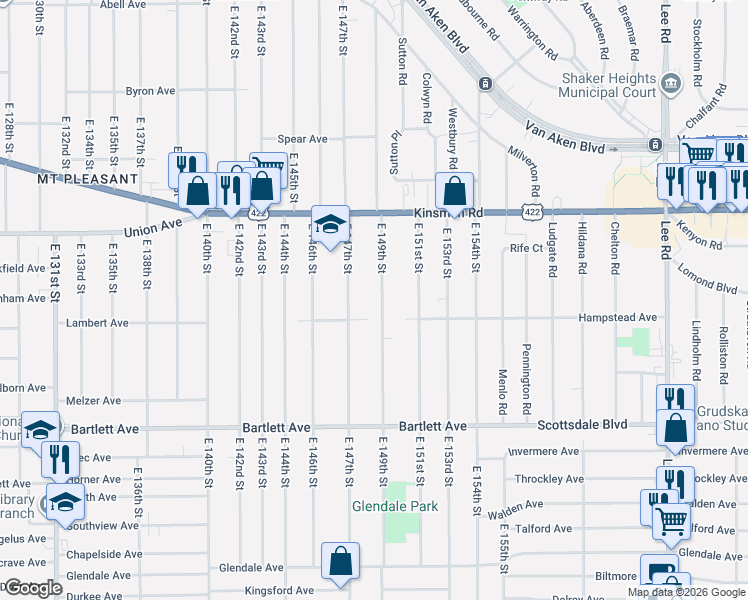 map of restaurants, bars, coffee shops, grocery stores, and more near 3602 East 149th Street in Cleveland