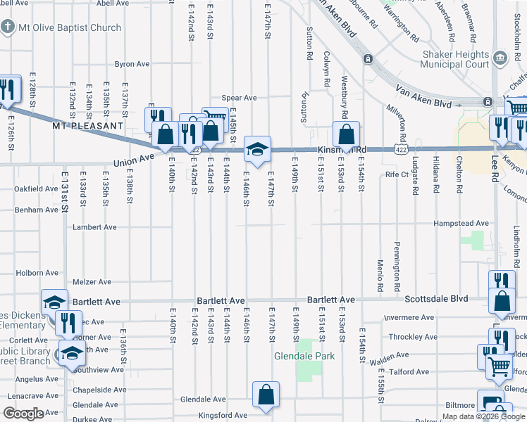 map of restaurants, bars, coffee shops, grocery stores, and more near 3598 East 147th Street in Cleveland