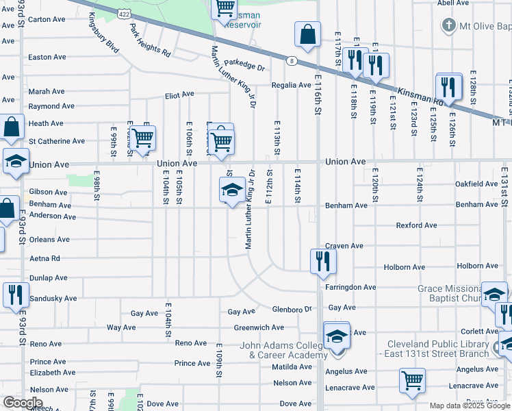 map of restaurants, bars, coffee shops, grocery stores, and more near 3570 Martin Luther King Junior Drive in Cleveland