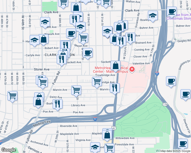 map of restaurants, bars, coffee shops, grocery stores, and more near 3241 Trowbridge Avenue in Cleveland