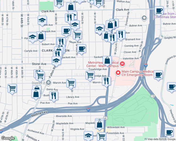 map of restaurants, bars, coffee shops, grocery stores, and more near 3241 Trowbridge Avenue in Cleveland