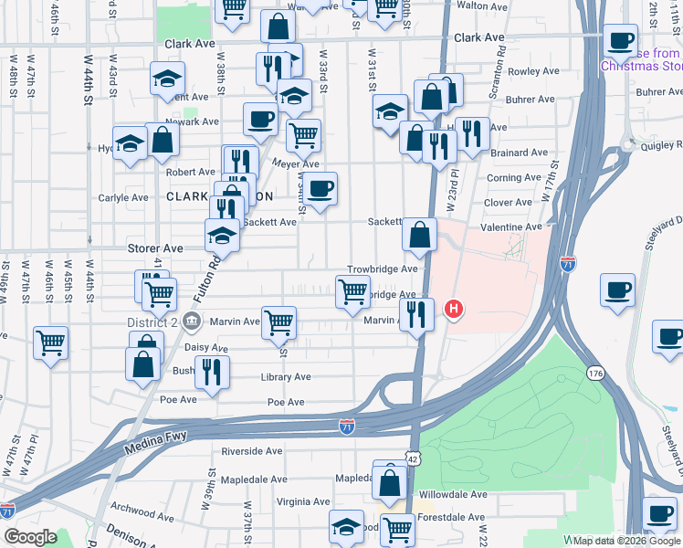 map of restaurants, bars, coffee shops, grocery stores, and more near 3241 Trowbridge Avenue in Cleveland