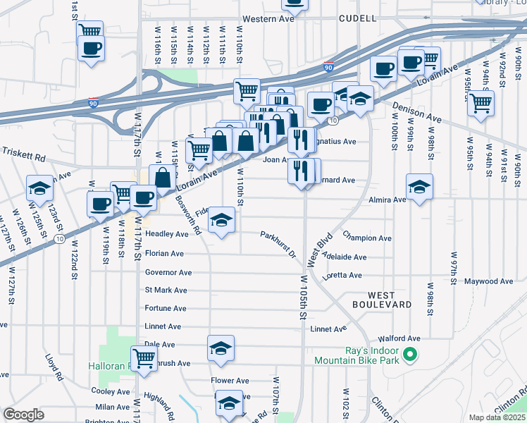 map of restaurants, bars, coffee shops, grocery stores, and more near 10906 Fidelity Avenue in Cleveland