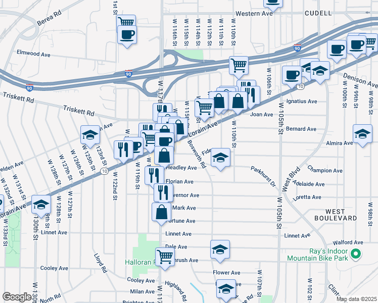 map of restaurants, bars, coffee shops, grocery stores, and more near 3320 Bosworth Road in Cleveland