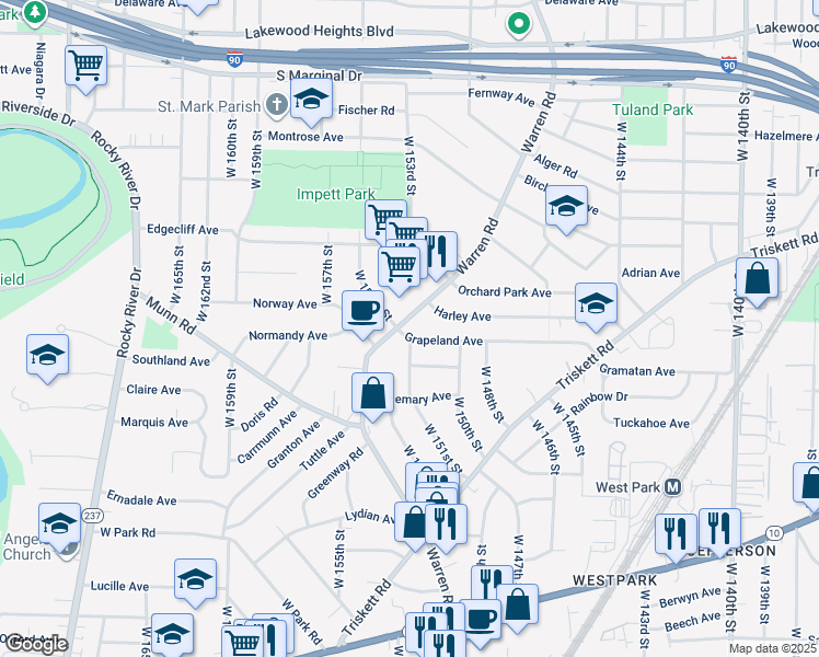 map of restaurants, bars, coffee shops, grocery stores, and more near 15038 Grapeland Avenue in Cleveland