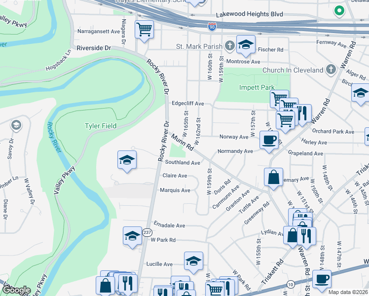 map of restaurants, bars, coffee shops, grocery stores, and more near 16113 Munn Road in Cleveland