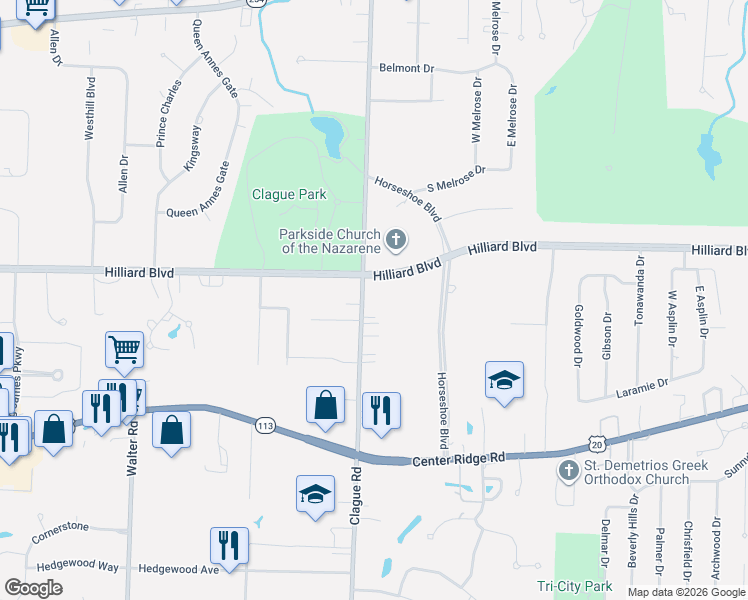 map of restaurants, bars, coffee shops, grocery stores, and more near 1763 Clague Road in Westlake