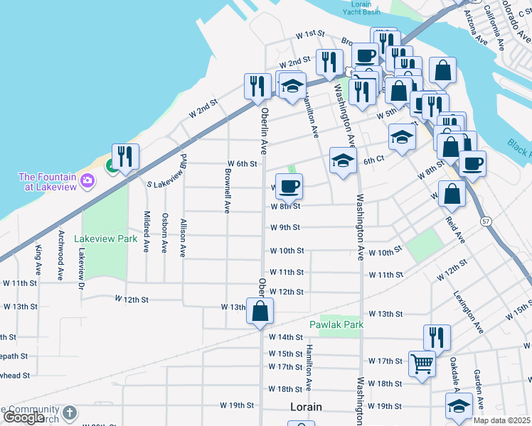 map of restaurants, bars, coffee shops, grocery stores, and more near 1185 West 8th Street in Lorain