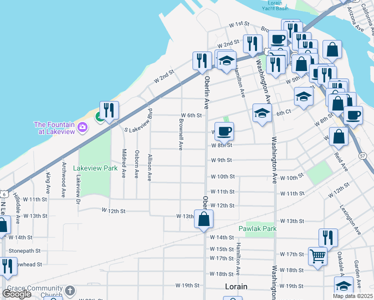 map of restaurants, bars, coffee shops, grocery stores, and more near 1229 West 8th Street in Lorain