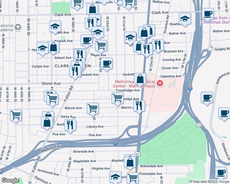 map of restaurants, bars, coffee shops, grocery stores, and more near 3241 Trowbridge Avenue in Cleveland
