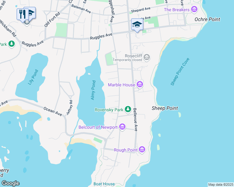 map of restaurants, bars, coffee shops, grocery stores, and more near 167 Coggeshall Avenue in Newport