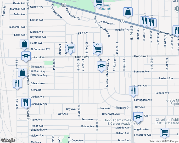 map of restaurants, bars, coffee shops, grocery stores, and more near 3569 East 106th Street in Cleveland