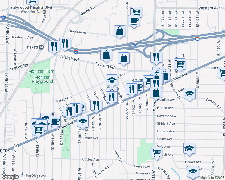 map of restaurants, bars, coffee shops, grocery stores, and more near 3349 West 125th Street in Cleveland