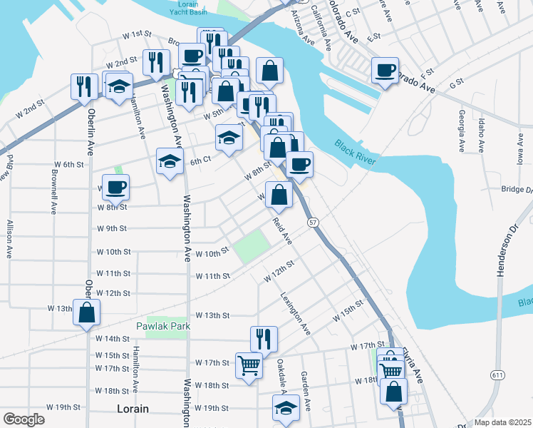 map of restaurants, bars, coffee shops, grocery stores, and more near 946 Reid Avenue in Lorain