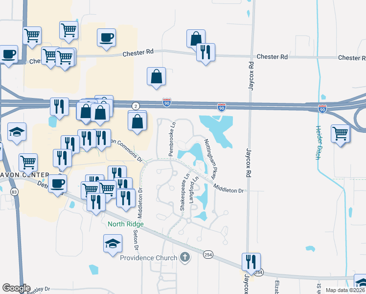 map of restaurants, bars, coffee shops, grocery stores, and more near 2010 Nottingham Parkway in Avon