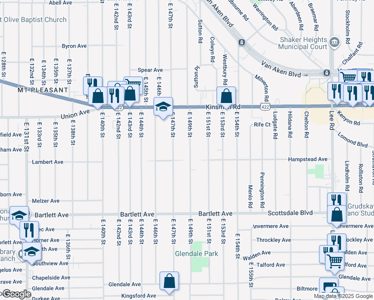 map of restaurants, bars, coffee shops, grocery stores, and more near 3598 East 149th Street in Cleveland