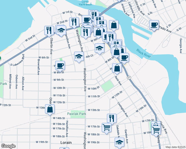 map of restaurants, bars, coffee shops, grocery stores, and more near 831 Lovett Place in Lorain