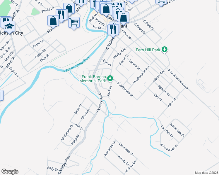 map of restaurants, bars, coffee shops, grocery stores, and more near 633 Sanderson Avenue in Olyphant