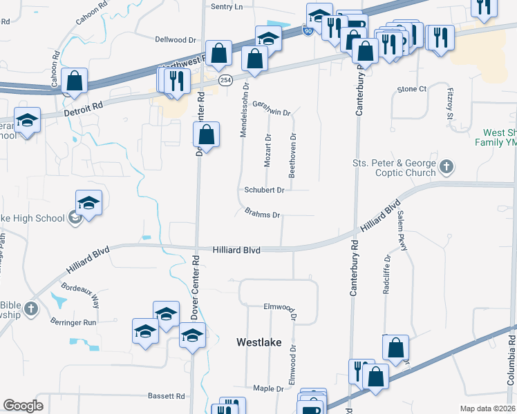 map of restaurants, bars, coffee shops, grocery stores, and more near 26954 Brahms Drive in Westlake