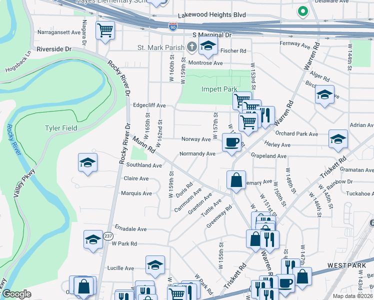 map of restaurants, bars, coffee shops, grocery stores, and more near 15830 Normandy Avenue in Cleveland