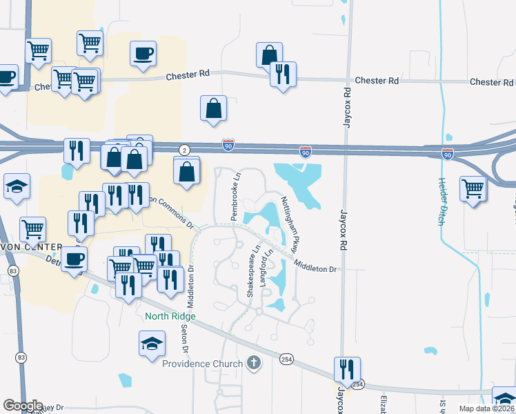 map of restaurants, bars, coffee shops, grocery stores, and more near 2010 Nottingham Parkway in Avon