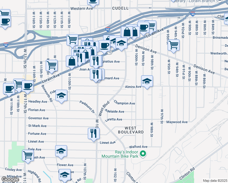 map of restaurants, bars, coffee shops, grocery stores, and more near 3348 West Boulevard in Cleveland