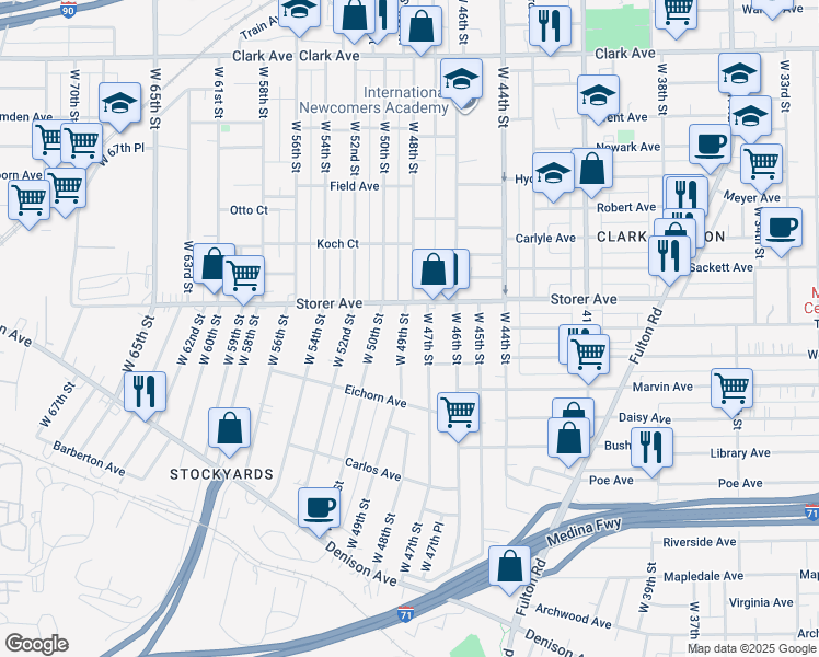 map of restaurants, bars, coffee shops, grocery stores, and more near 3405 West 49th Street in Cleveland