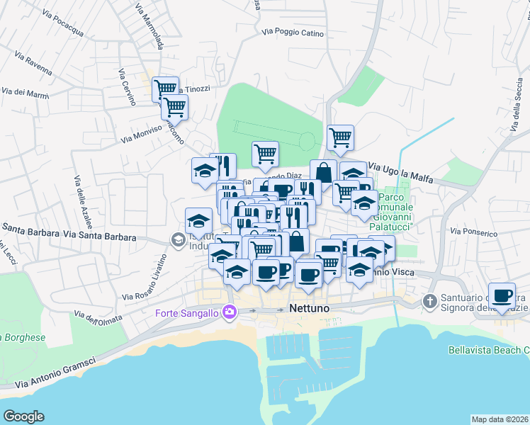 map of restaurants, bars, coffee shops, grocery stores, and more near 49B Via in Arcione in Nettuno