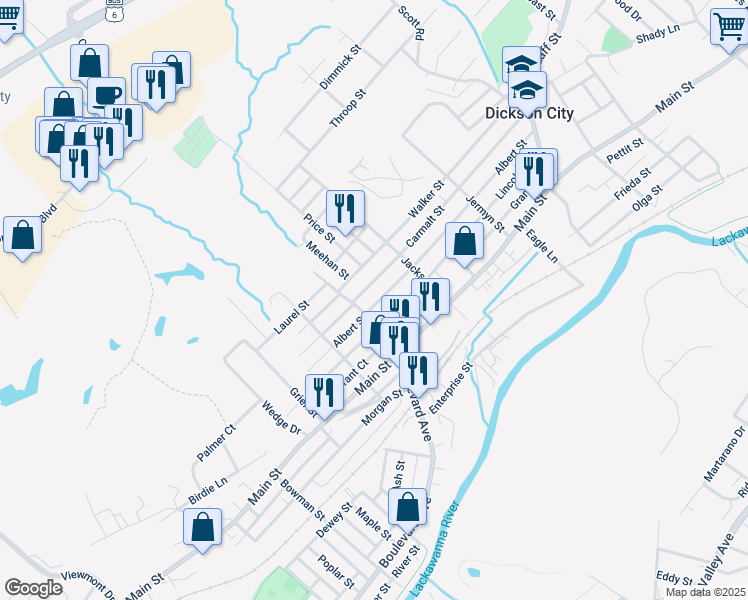 map of restaurants, bars, coffee shops, grocery stores, and more near 811 Albert Street in Dickson City