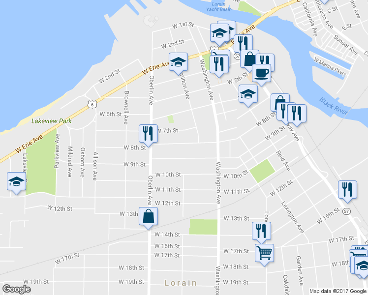 map of restaurants, bars, coffee shops, grocery stores, and more near 1127 West 8th Street in Lorain