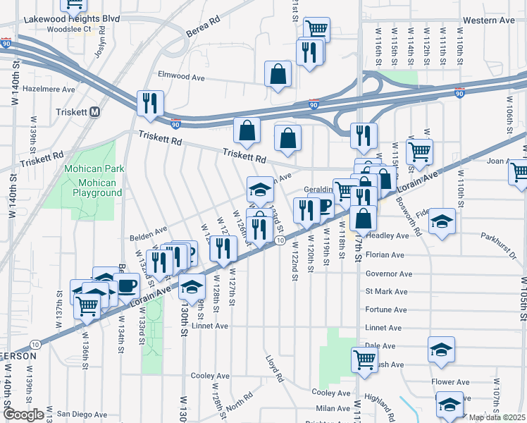 map of restaurants, bars, coffee shops, grocery stores, and more near 3349 West 125th Street in Cleveland