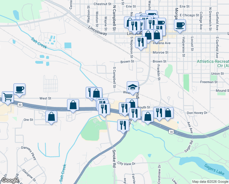 map of restaurants, bars, coffee shops, grocery stores, and more near 439 West Street in Valparaiso